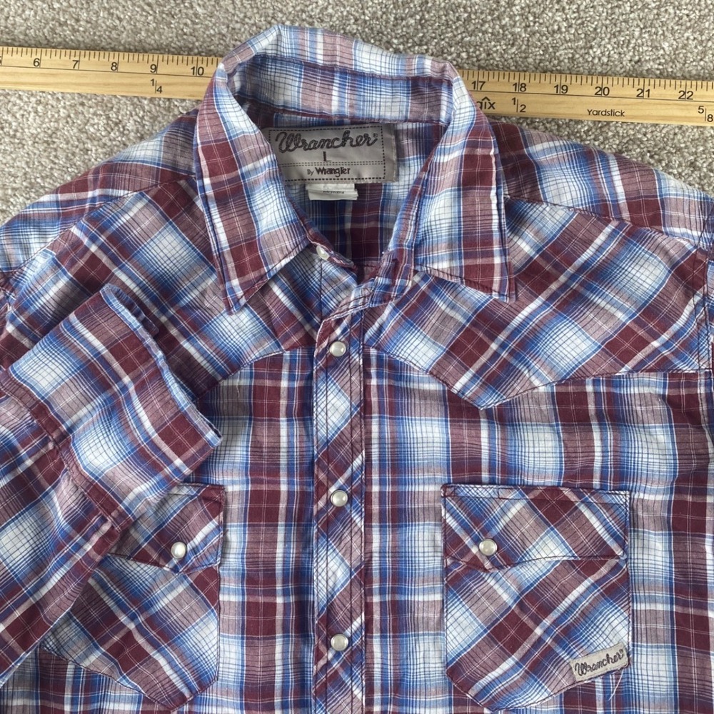 Wrancher by Wrangler Mens L Plaid Western Snap Shirt Burgundy Blue Plaid MTW1154